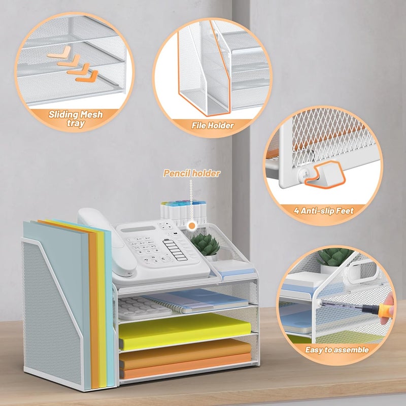 Docnest 4 Tier Paper Letter Tray File Organizer, Mesh Desk File with Handle, Workspace Desk Organizers with Pen Holder, Office Organization Storage Accessories - White - Image 4